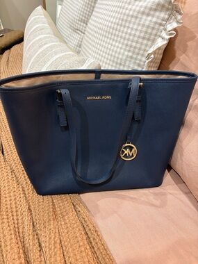 Michael Kors Midnight Blue Saffiano Leather Tote with Gold-Tone MK Charm